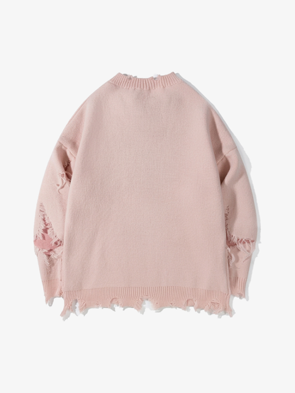 Distressed Skull Jacquard Sweater; Pink / S, Pink / M, Pink / L, Pink / XL, Pink / 2XL