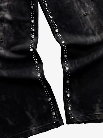 Distressed Rhinestone Sweatpants; Black / S, Black / M, Black / L, Black / XL, Black / 2XL