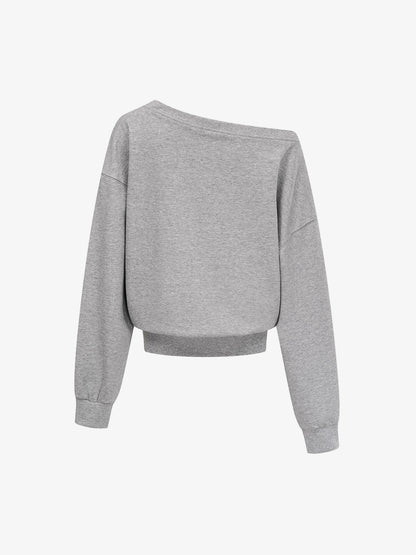 Flag Print Off-Shoulder Sweatshirt; Gray / S, Gray / M, Gray / L