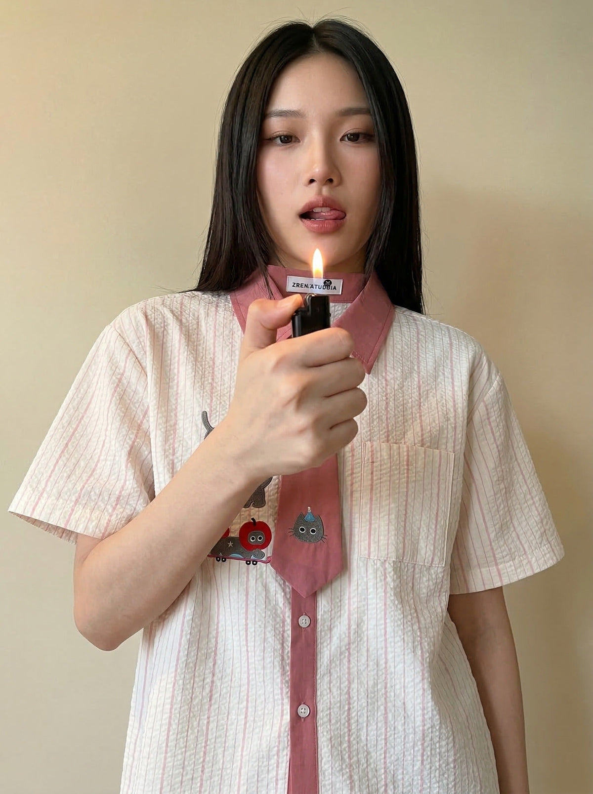 Embroidered Cat Tie Collar Shirt
