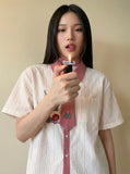 Embroidered Cat Tie Collar Shirt