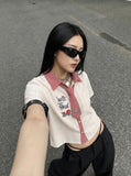 Embroidered Cat Tie Collar Shirt