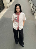 Embroidered Cat Tie Collar Shirt