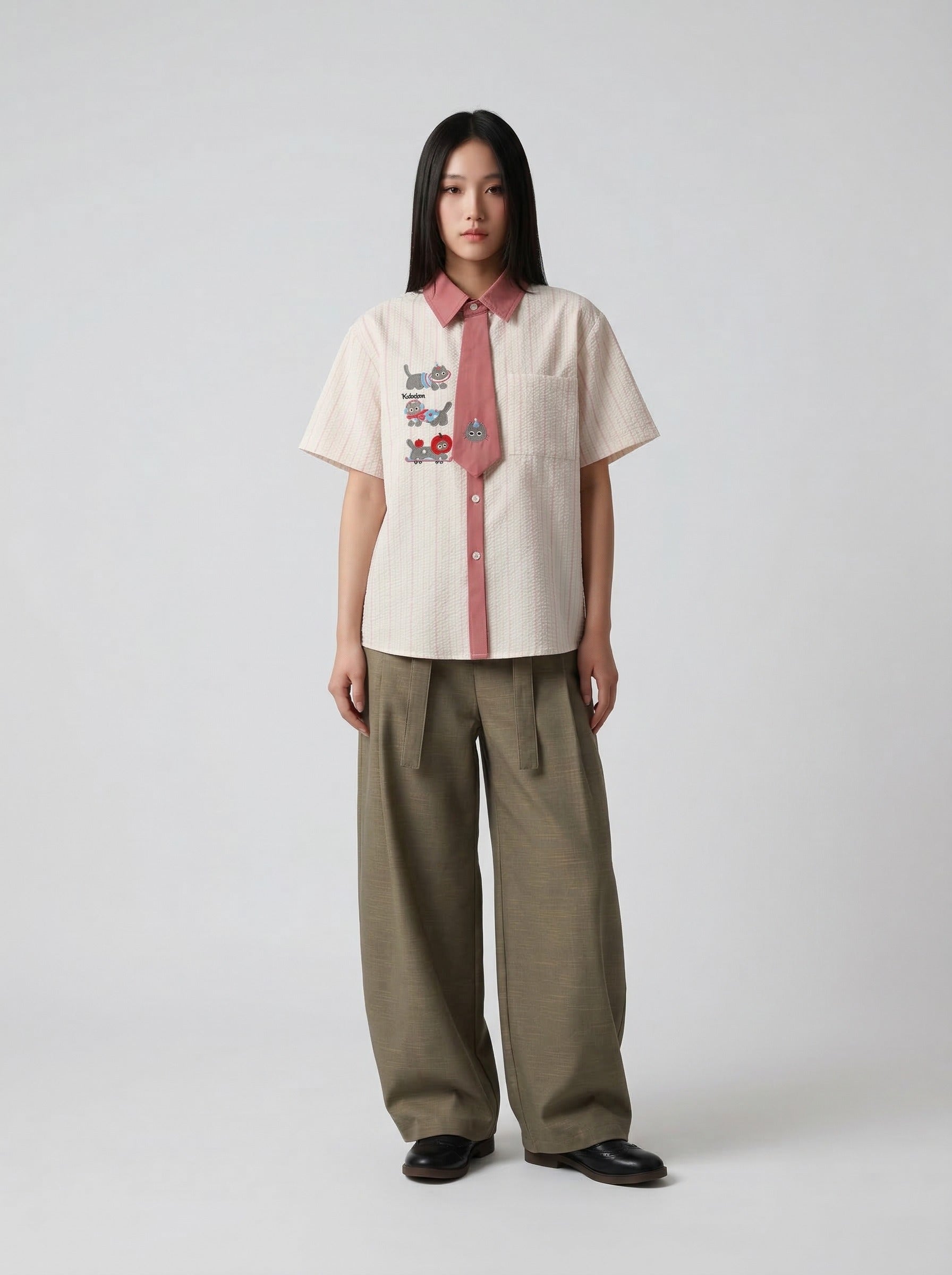 Embroidered Cat Tie Collar Shirt