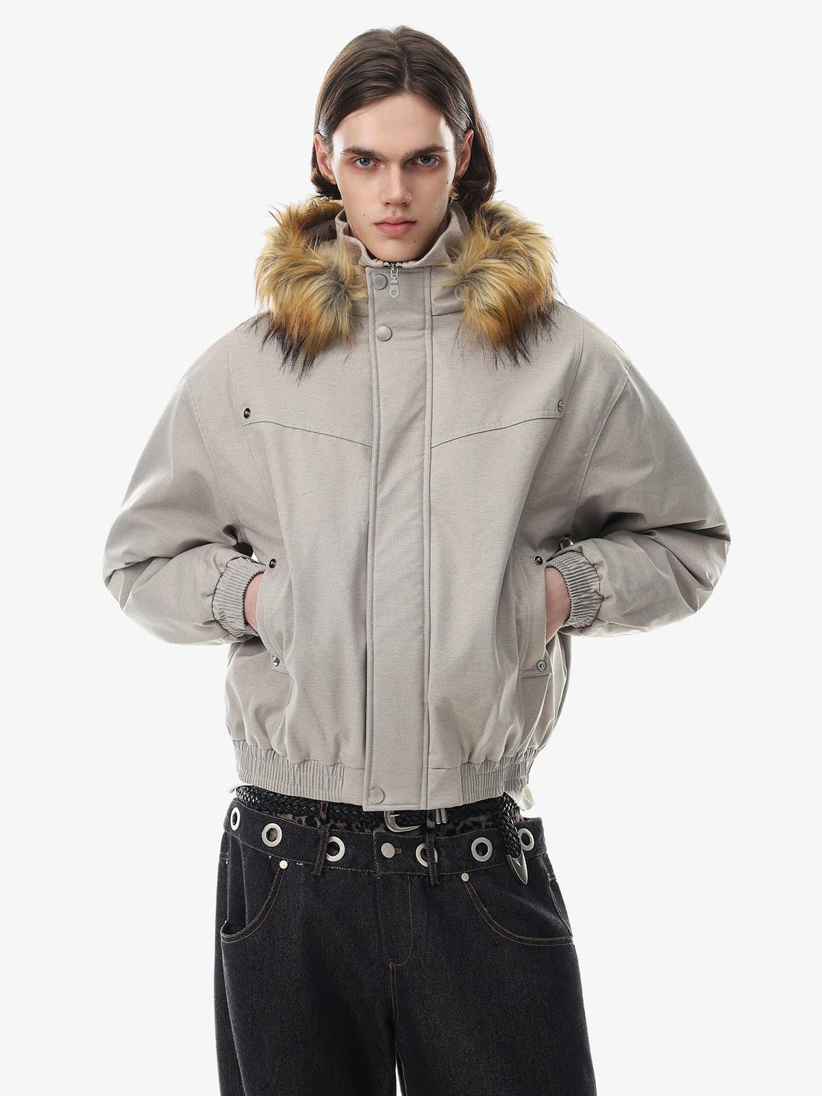 Deconstructed Layered Hooded Faux-Fur Collar Puffer Jacket; Beige / S, Beige / M, Beige / L, Beige / XL