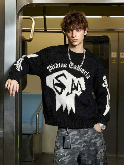 Salt Bones Skull Graphic Knit Sweater; Basic Black / S, Basic Black / M, Basic Black / L, Basic Black / XL, Basic Black / 2XL