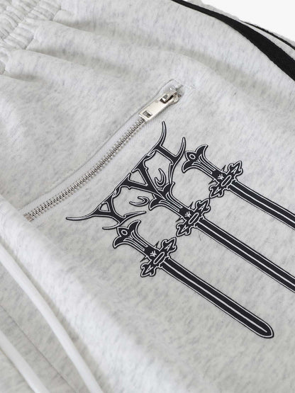 Crest & Sword Graphic Side Stripe Sweatpants; Flower Ash / L, Flower Ash / XL, Flower Ash / 2XL