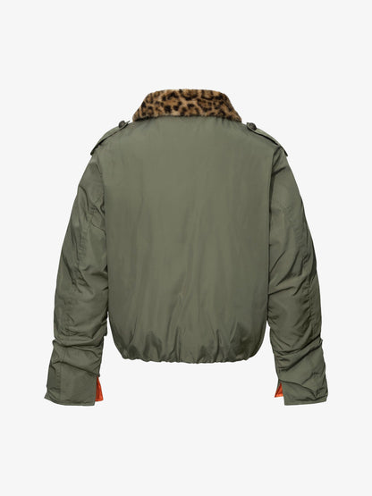 Leopard Faux-Fur Collar Button-Front Padded Coat; Gray-Green / S, Gray-Green / M, Gray-Green / L, Gray-Green / XL