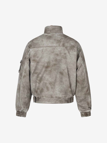 Washed High-Collar Multi-Zip Bomber Coat