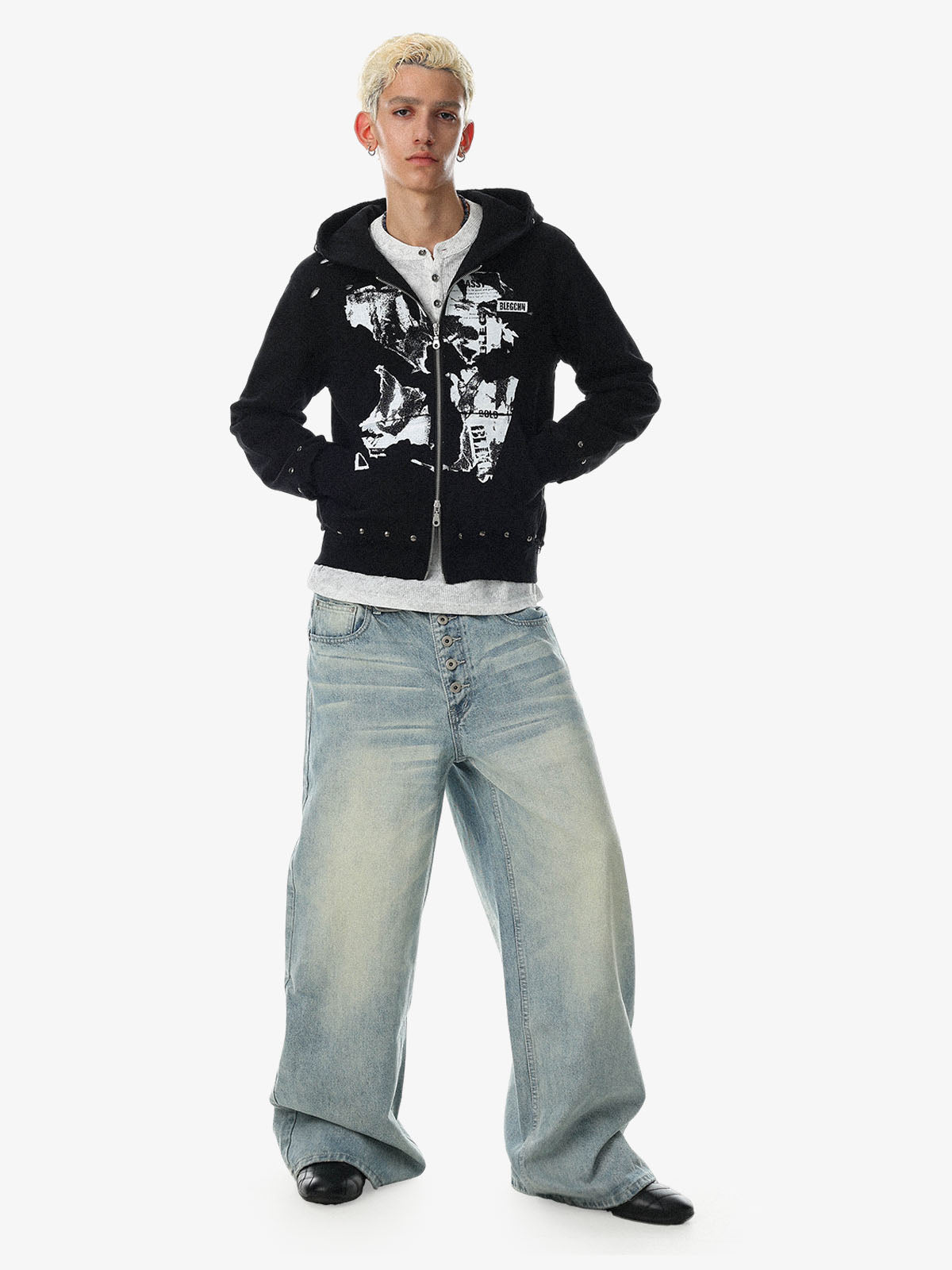 Studded Zip-Up Hooded Punk Sweatshirt Jacket; Black / S, Black / M, Black / L, Black / XL