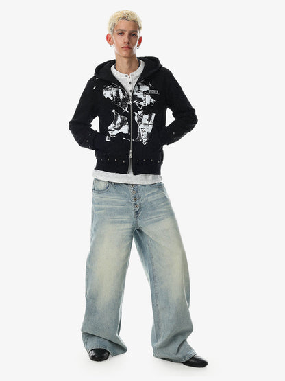 Studded Zip-Up Hooded Punk Sweatshirt Jacket; Black / S, Black / M, Black / L, Black / XL