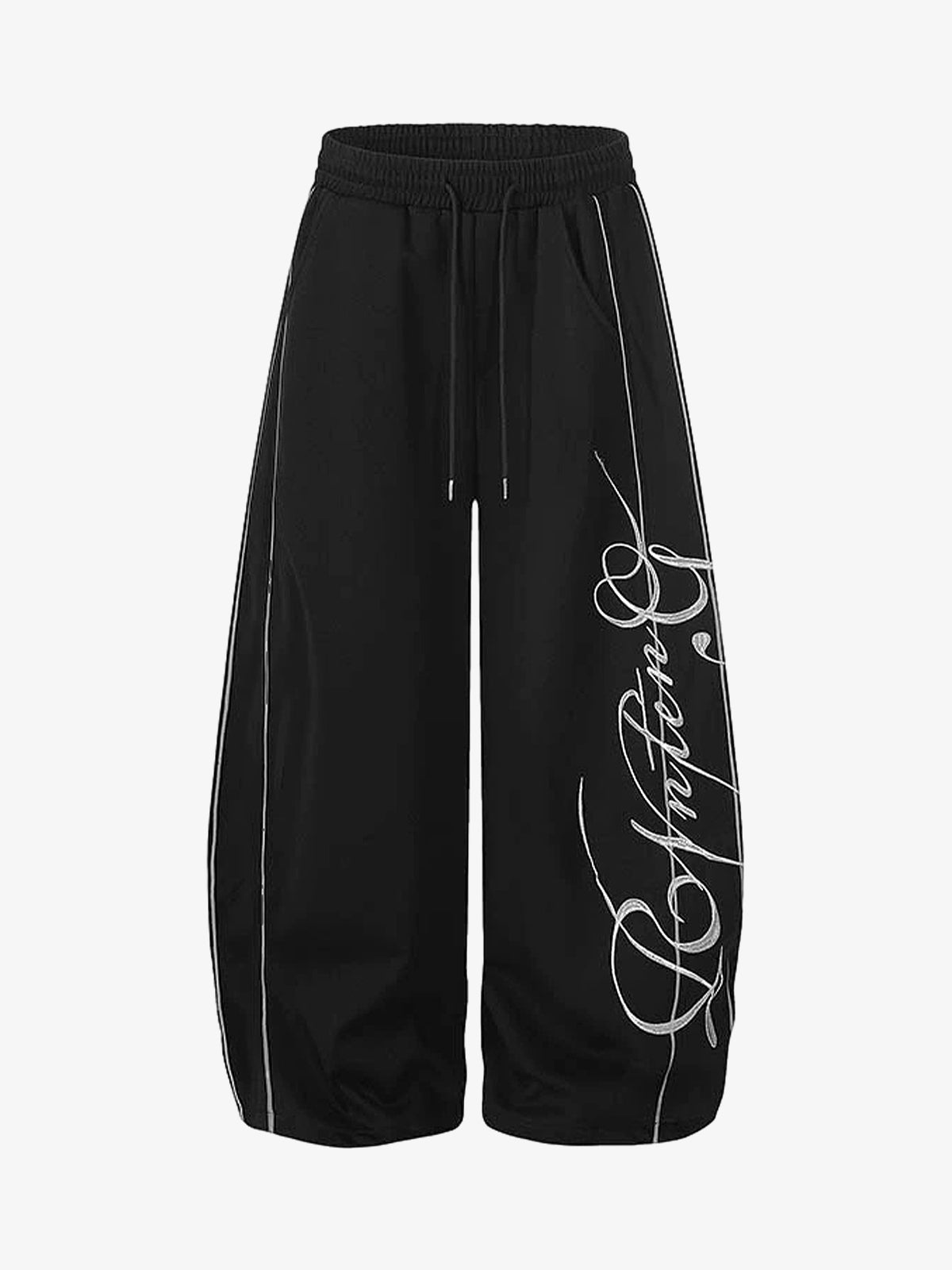 Script Embroidered Piped Wide-Leg Sweatpants; Black / S, Black / M, Black / L, Black / XL