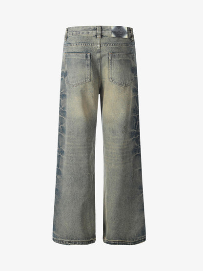 Washed Floral Graphic Flared Jeans; Blue / S, Blue / M, Blue / L, Blue / XL, Blue / 2XL