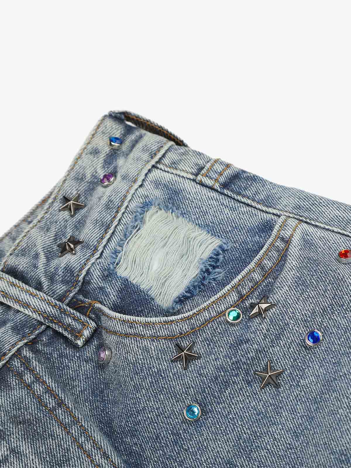 Layered Rhinestone Baggy Jeans; Light Blue / S, Light Blue / M, Light Blue / L, Light Blue / XL