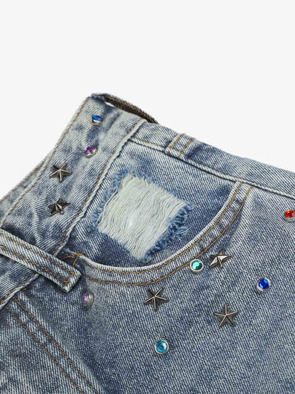 Layered Rhinestone Baggy Jeans; Light Blue / S, Light Blue / M, Light Blue / L, Light Blue / XL