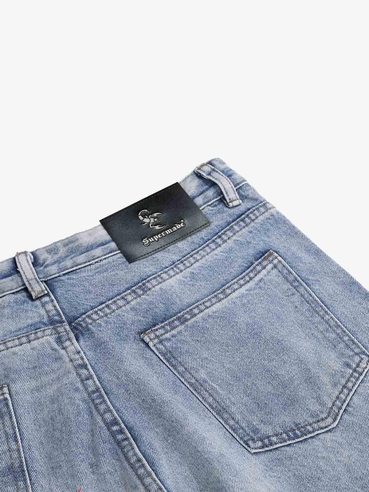 Pink Letter Embroidered Curved-Seam Jeans; Blue / S, Blue / M, Blue / L, Blue / XL