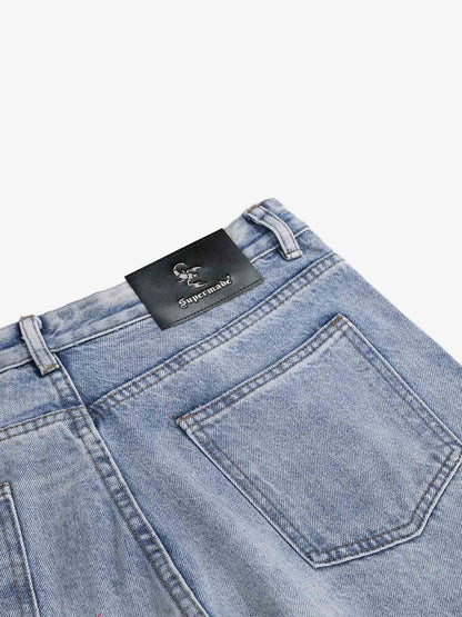 Pink Letter Embroidered Curved-Seam Jeans; Blue / S, Blue / M, Blue / L, Blue / XL