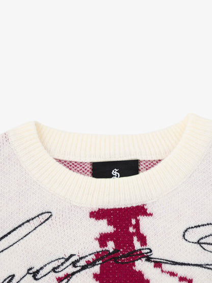 Dark Skull Jacquard Knit Sweater; White / M, White / L, White / XL, White / 2XL