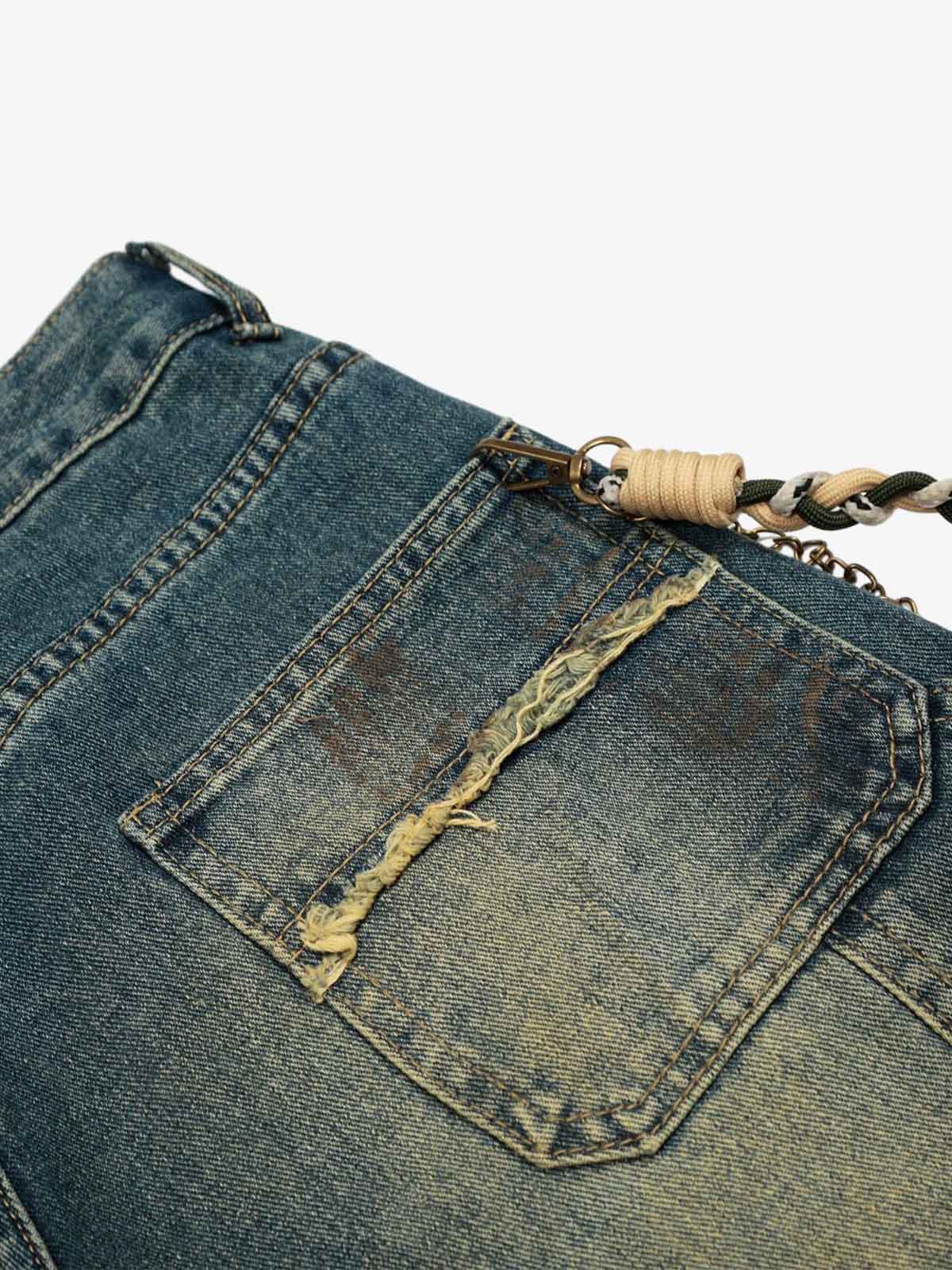 Distressed Denim Jeans with Braided Chain Detail - Perfect for Casual and Streetwear Styles; Blue / S, Blue / M, Blue / L, Blue / XL, Blue / 2XL, Blue / 3XL