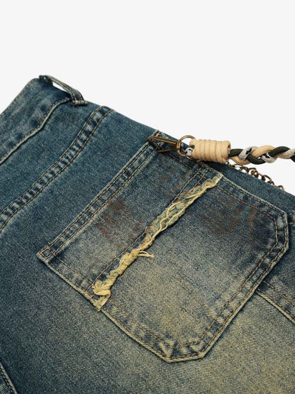 Distressed Denim Jeans with Braided Chain Detail - Perfect for Casual and Streetwear Styles; Blue / S, Blue / M, Blue / L, Blue / XL, Blue / 2XL, Blue / 3XL