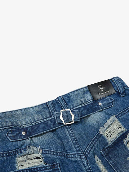 Washed Distressed Denim Jeans; Blue / S, Blue / M, Blue / L, Blue / XL, Blue / 2XL