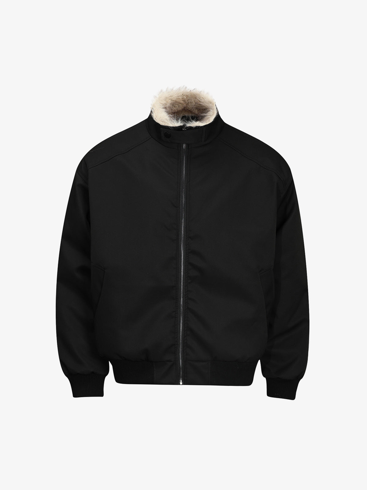 Faux-Fur Collar Zip Bomber Coat; Black / M, Black / L, Black / XL