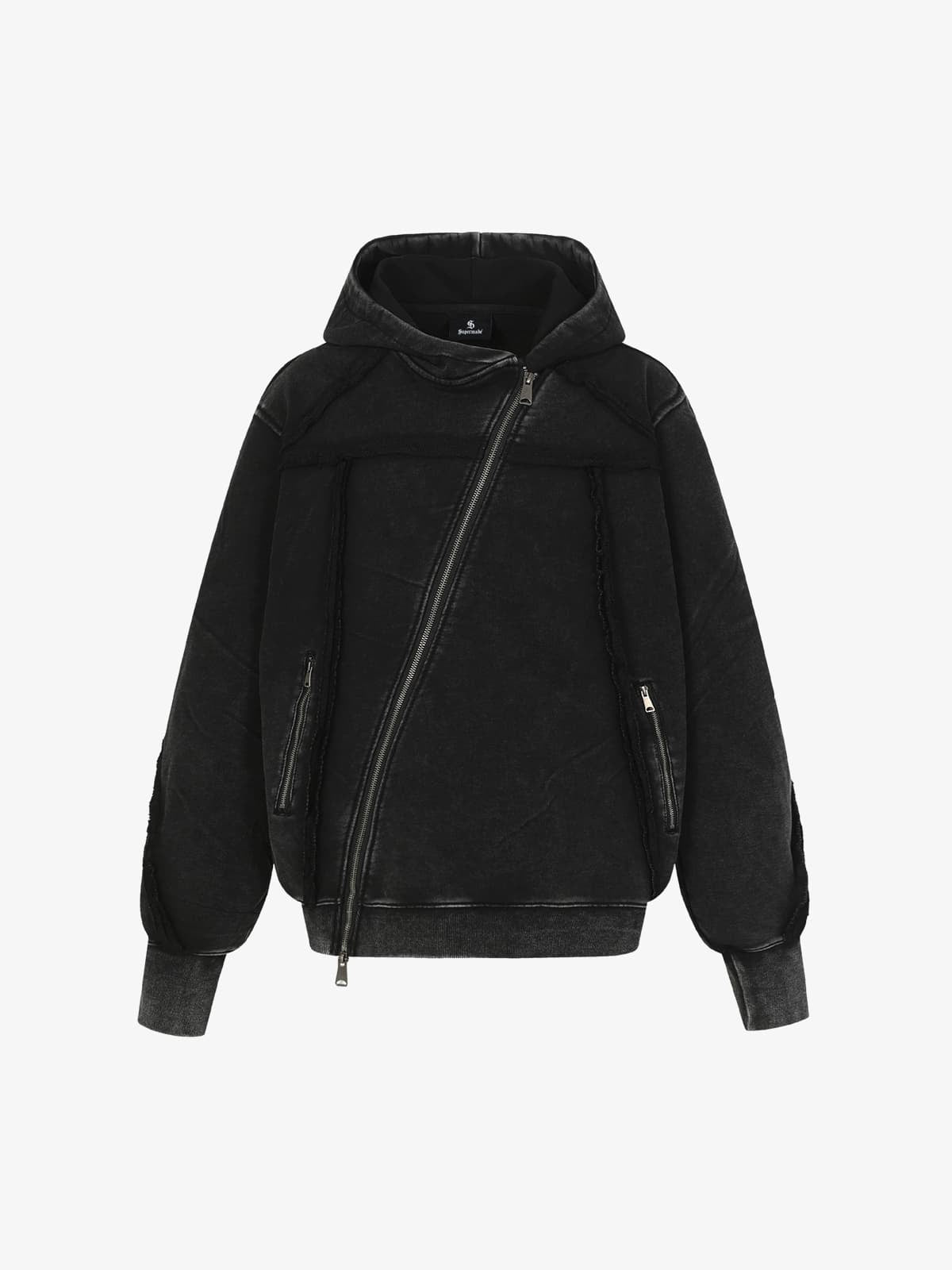 Retro Asymmetric Zip Up Deconstructed Hoodie; Black / S, Black / M, Black / L, Black / XL