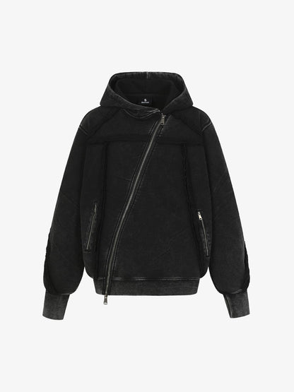Retro Asymmetric Zip Up Deconstructed Hoodie; Black / S, Black / M, Black / L, Black / XL
