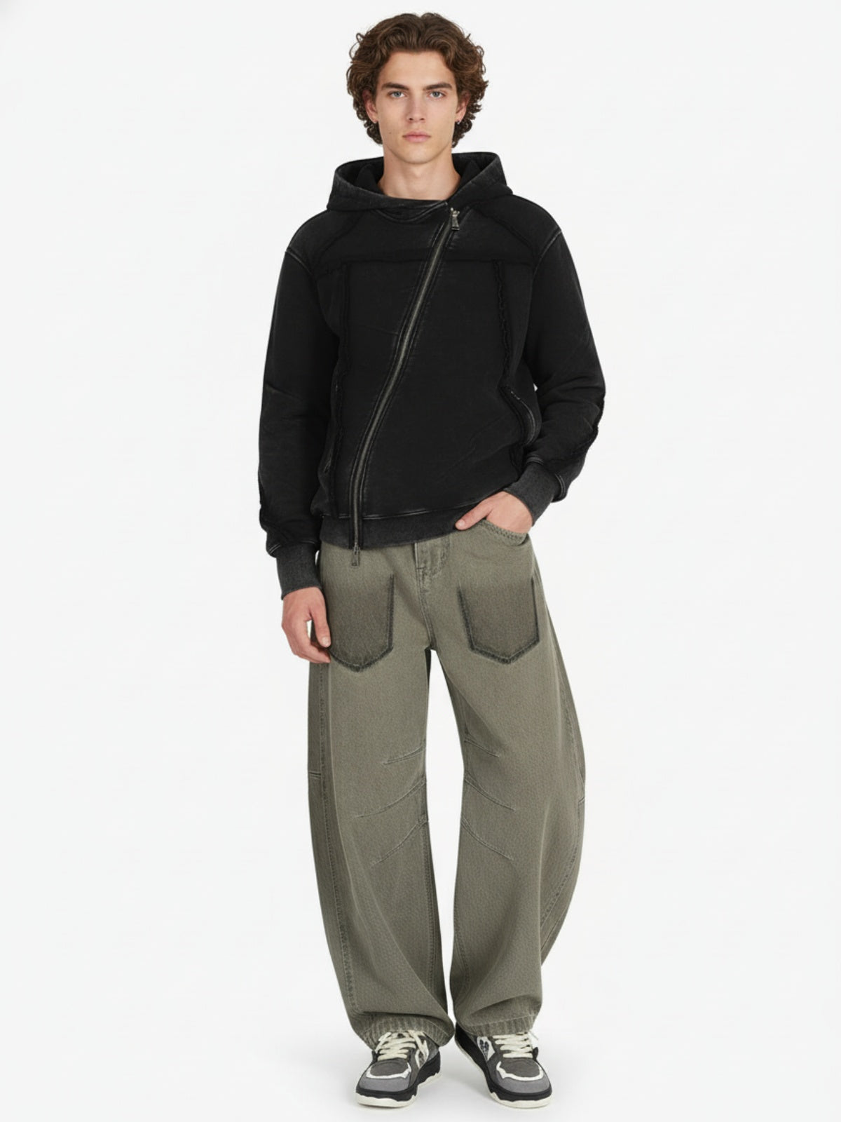 Retro Asymmetric Zip Up Deconstructed Hoodie; Black / S, Black / M, Black / L, Black / XL