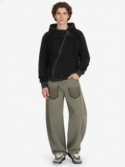 Retro Asymmetric Zip Up Deconstructed Hoodie; Black / S, Black / M, Black / L, Black / XL