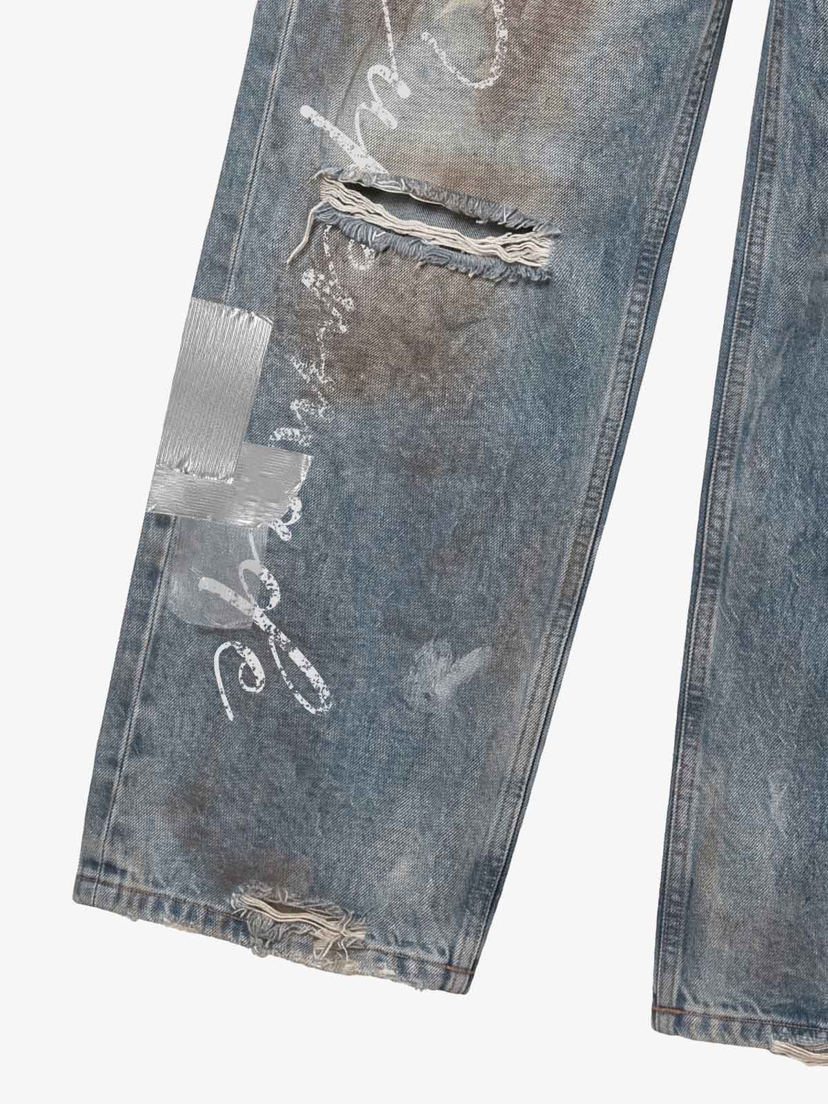 Foil-Tape Distressed Ripped Heavyweight Jeans; Washed Denim Blue / S, Washed Denim Blue / M, Washed Denim Blue / L, Washed Denim Blue / XL, Washed Denim Blue / 2XL