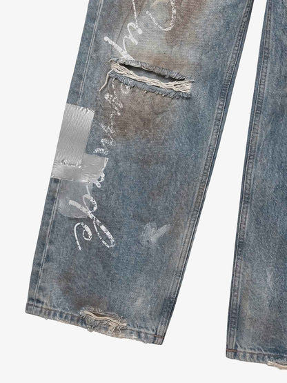 Foil-Tape Distressed Ripped Heavyweight Jeans; Washed Denim Blue / S, Washed Denim Blue / M, Washed Denim Blue / L, Washed Denim Blue / XL, Washed Denim Blue / 2XL