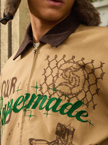 Supermade “Your God Is Not Here” Slogan Print Color-Blocked Embroidered Retro Canvas Jacket; Khaki / S, Khaki / M, Khaki / L, Khaki / XL, Khaki / 2XL