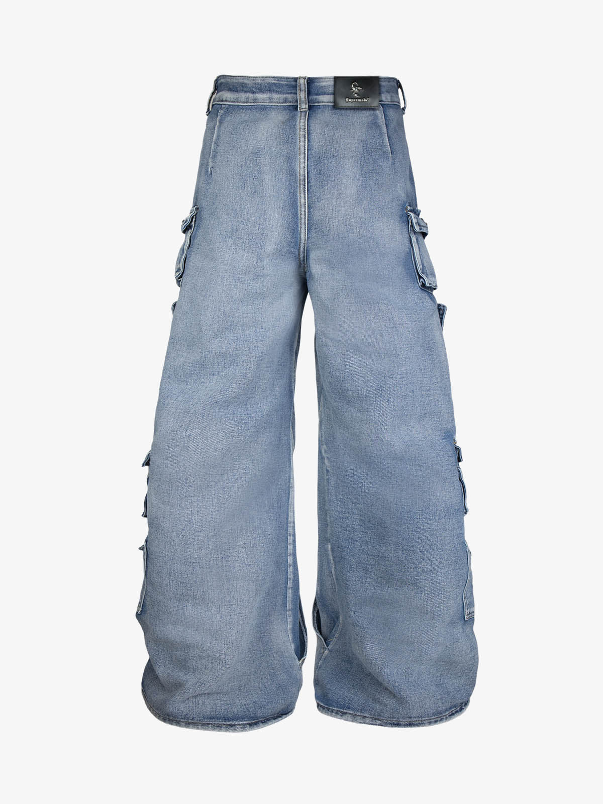 Washed Multi-Pocket Curved-Seam Cargo Jeans; Blue / S, Blue / M, Blue / L, Blue / XL
