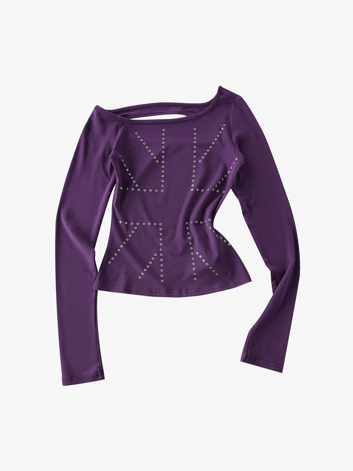 Eyelet Detail Off-Shoulder Long Sleeve Tee; Purple / S, Purple / M, Purple / L