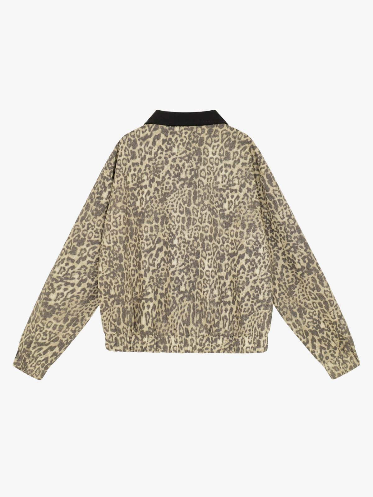 Leopard Embroidered Pocket Color Block Denim Jacket; Leopard / M, Leopard / L, Leopard / XL