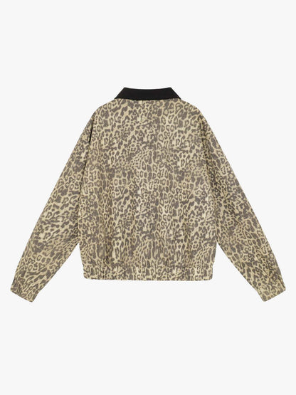 Leopard Embroidered Pocket Color Block Denim Jacket; Leopard / M, Leopard / L, Leopard / XL