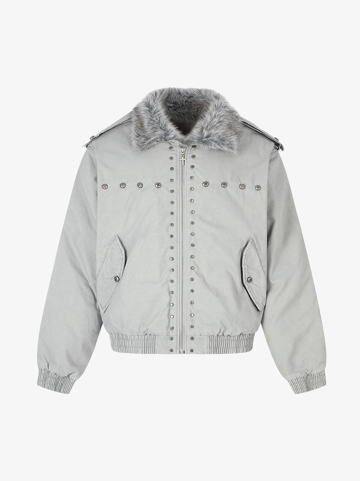 Studded Faux-Fur Collar Bomber Coat; Gray / S, Gray / M, Gray / L, Gray / XL