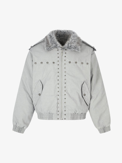 Studded Faux-Fur Collar Bomber Coat; Gray / S, Gray / M, Gray / L, Gray / XL