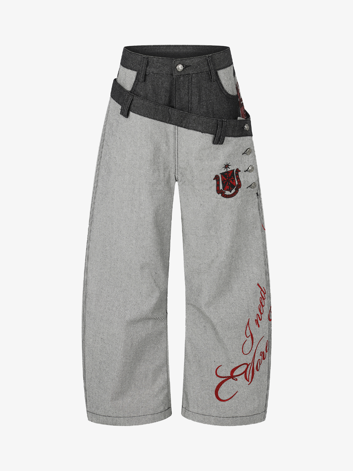 Two-Tone Graphic Baggy Jeans; Black / S, Black / M, Black / L, Black / XL