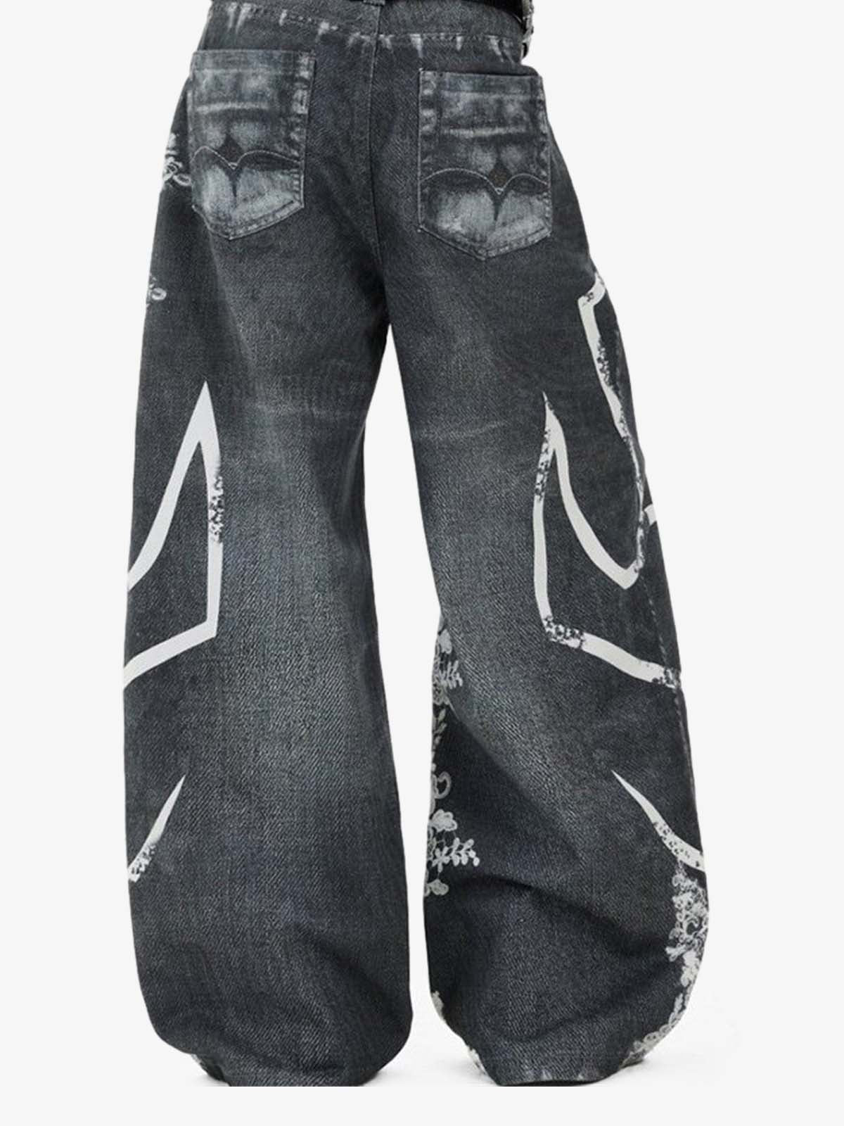 Digital 3D Graphic Distressed Denim Jeans; Black / S, Black / M, Black / L, Black / XL, Black / 2XL