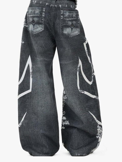 Digital 3D Graphic Distressed Denim Jeans; Black / S, Black / M, Black / L, Black / XL, Black / 2XL
