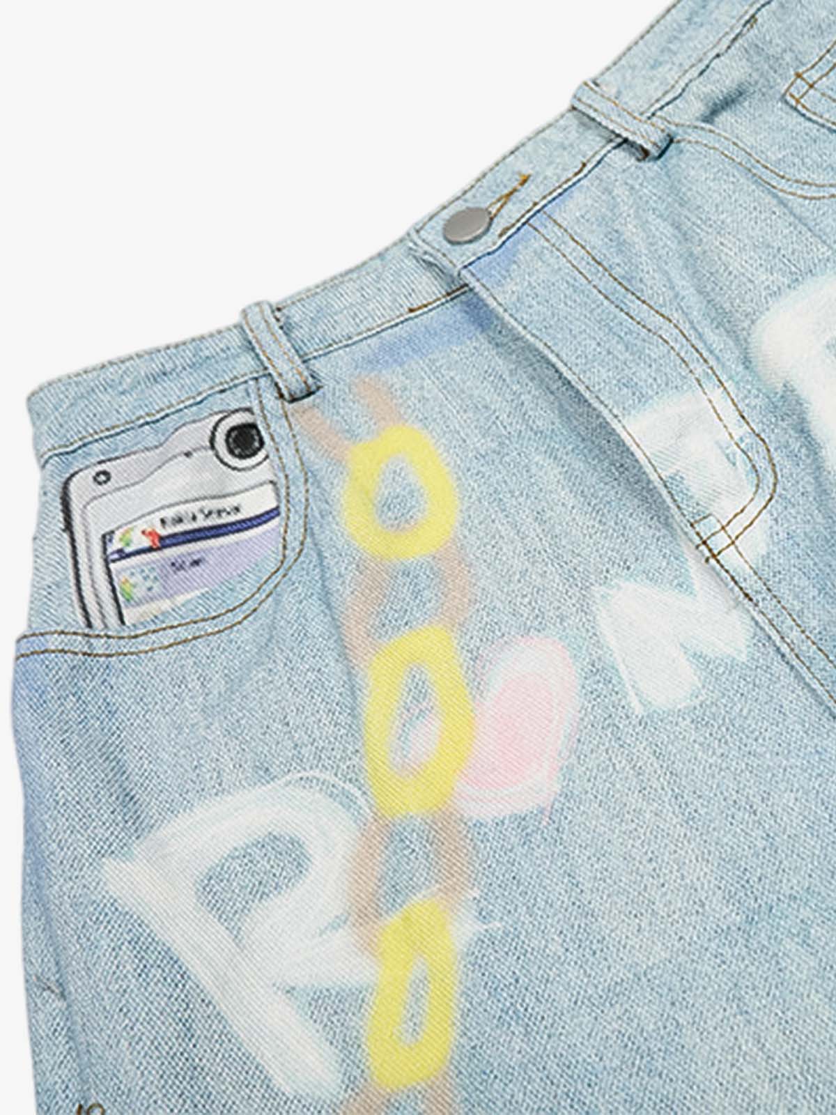American Vintage Street-Style Graffiti Jeans; Blue / S, Blue / M, Blue / L, Blue / XL