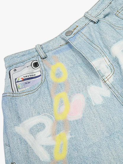 American Vintage Street-Style Graffiti Jeans; Blue / S, Blue / M, Blue / L, Blue / XL
