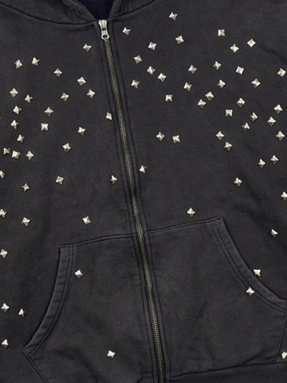 Metallic Studded Boxy Fit Zip-Up Hoodie