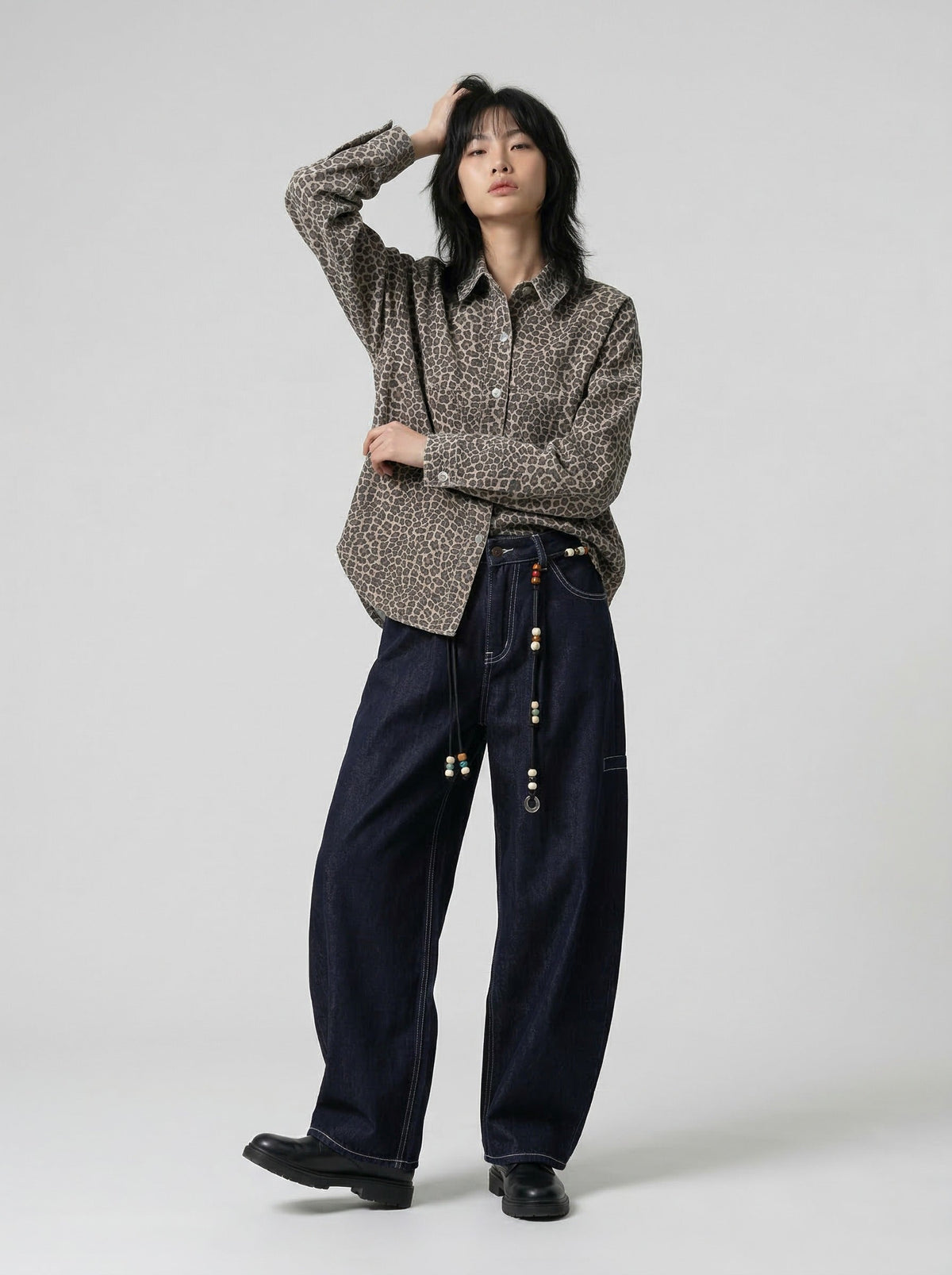 Indigo Beaded Wide-Leg Denim Pants