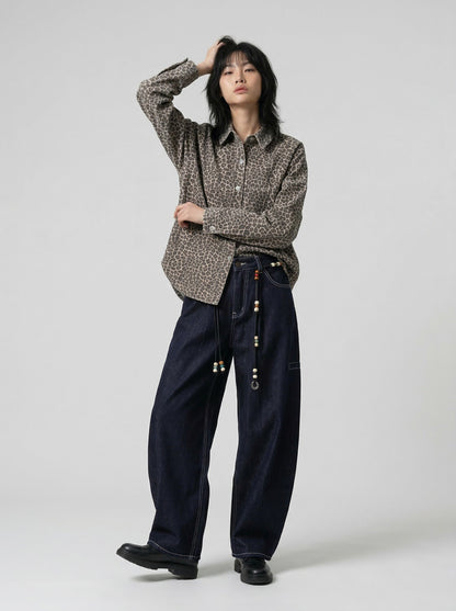 Indigo Beaded Wide-Leg Denim Pants