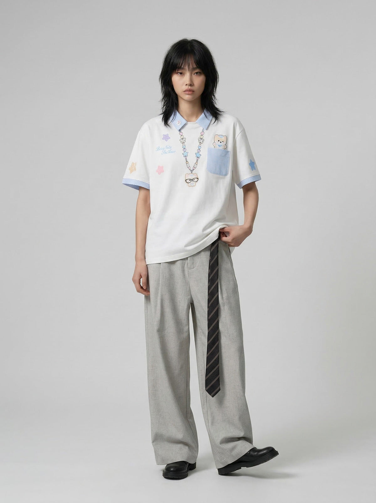Gingham Contrast Graphic Polo Shirt
