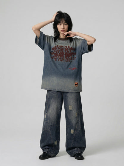 Gradient Denim Wash Oversized T-Shirt