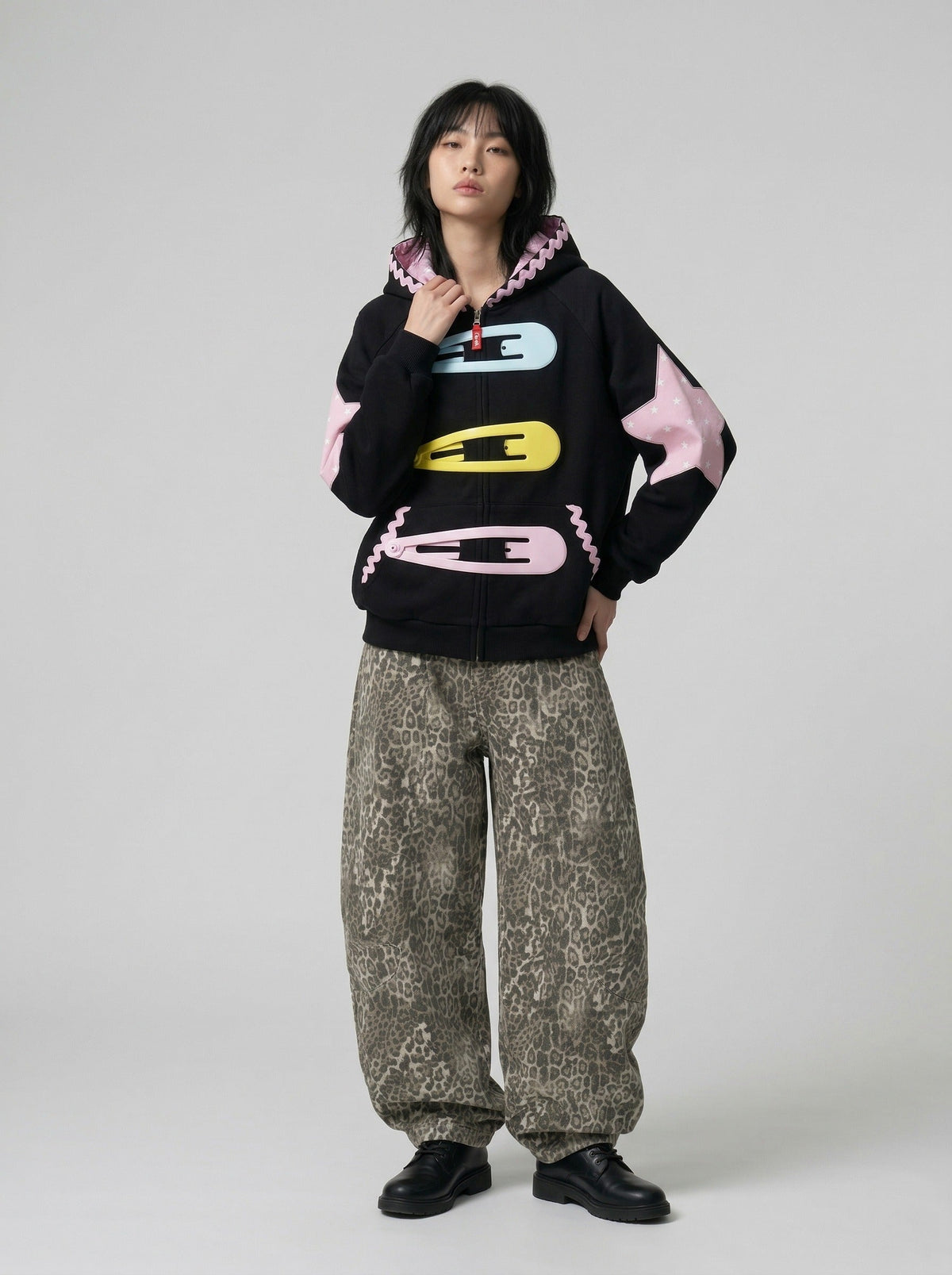 Star Applique Color Block Zip-Up Hoodie